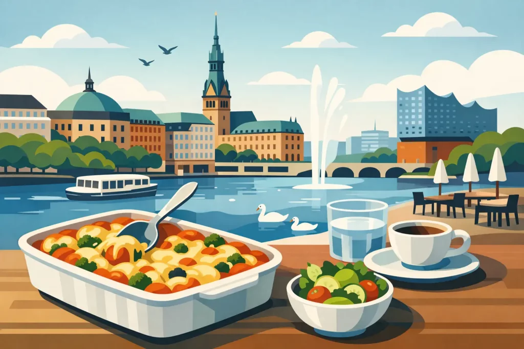Auflauf-Mittagessen in Hamburgs Innenstadt